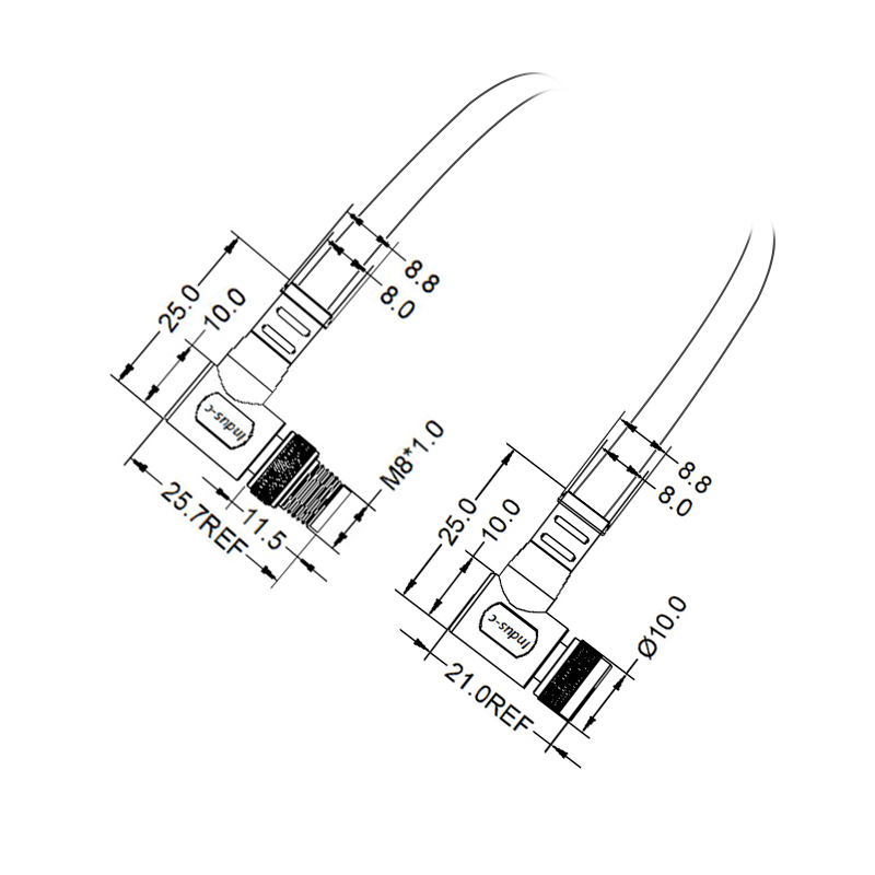 M8 3pins A code male to female right angle molded cable, unshielded, PVC, -10°C~+80°C, 24AWG 0.25mm²